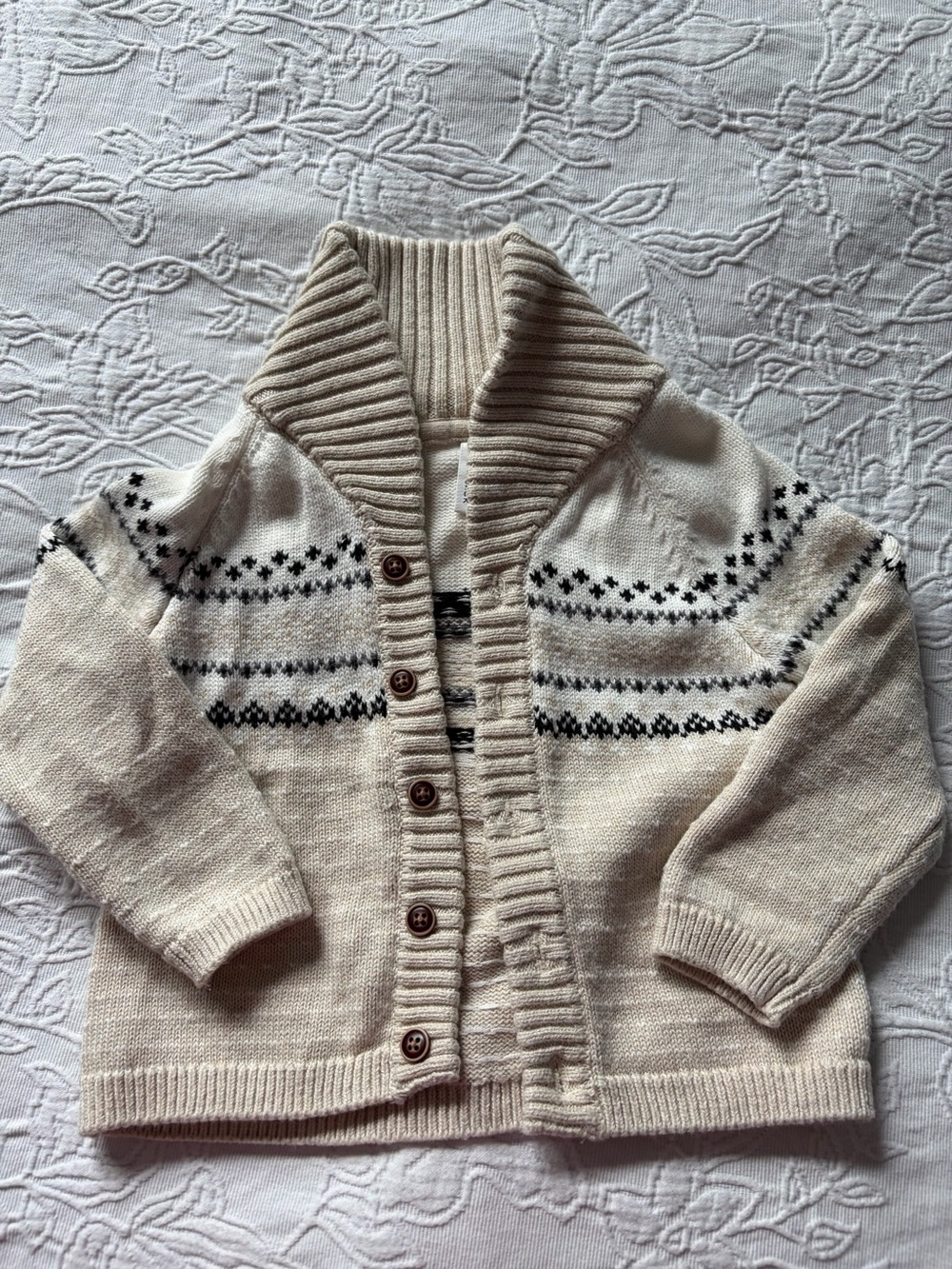 Janie and Jack 18-24m Cream Shawl Collar Knit Sweater with Contrast Pattern